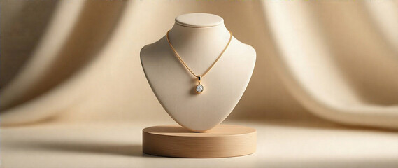 Elegant beige mannequin displaying a minimalist necklace pendant set on a smooth wooden stand. Cream and white background with soft lighting, perfect for social media promotion.  Focus on depth, mood,