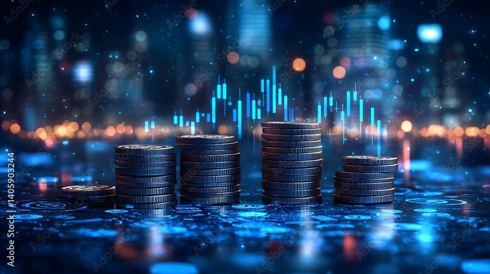Poster stacks of coins with financial graphs and cityscape, stacks of coins with various currency symbols a