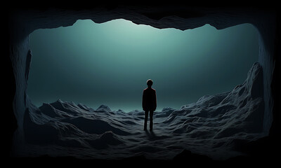 Fototapeta premium Silhouette of a man at the exit of a cave, concept of loneliness and search for a way out