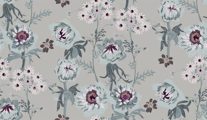 Flowers and leaves in vintage style, seamless pattern on transparent background	
