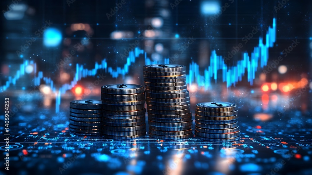 Poster stacks of coins with financial graphs and cityscape, stacks of coins with various currency symbols a