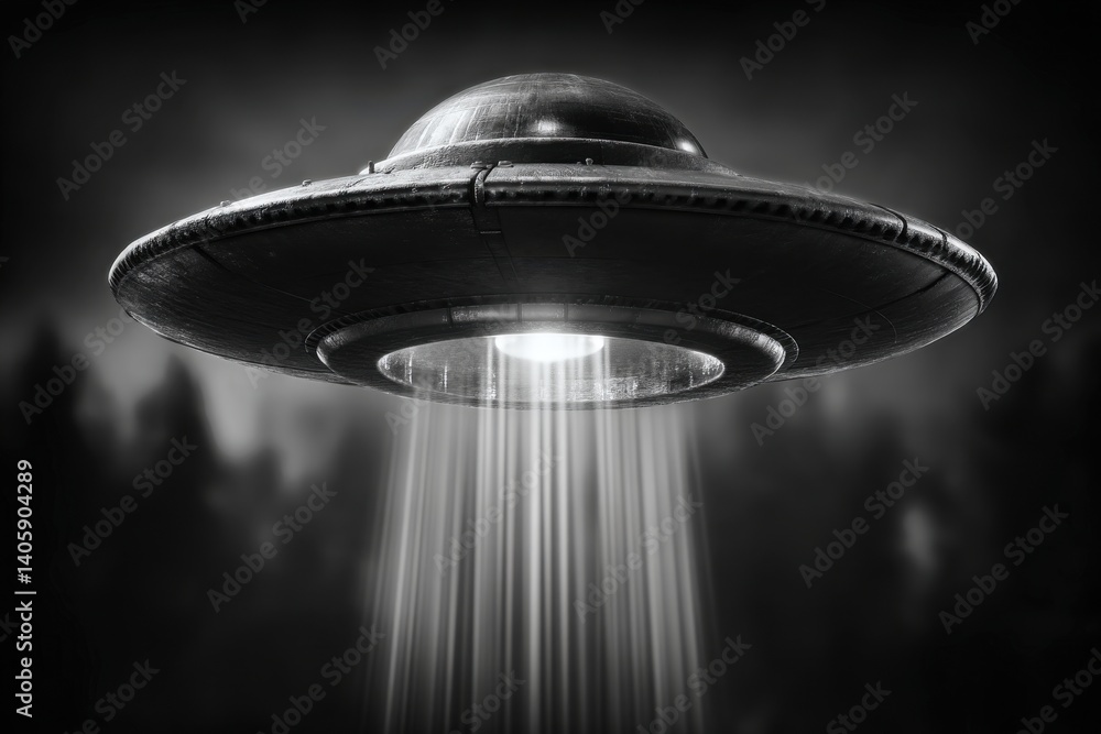 Poster an alien spaceship emitting a bright light hovering in a dark, mysterious forest with a monochrome f