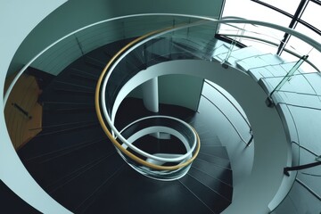 Fototapeta premium An upward view of a sleek, modern spiral staircase, showcasing its elegant design and the interplay of light and shadow, creating a visually striking architectural marvel.