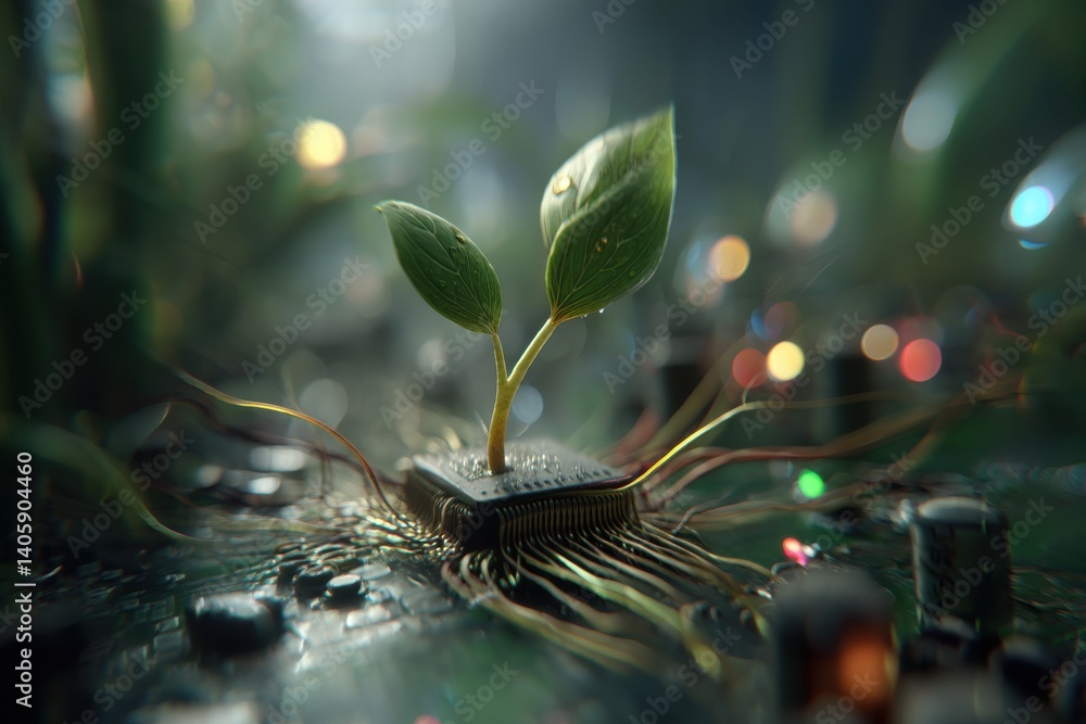 Poster a conceptual image of a green sprout emerging from a computer chip, symbolizing sustainable technolo