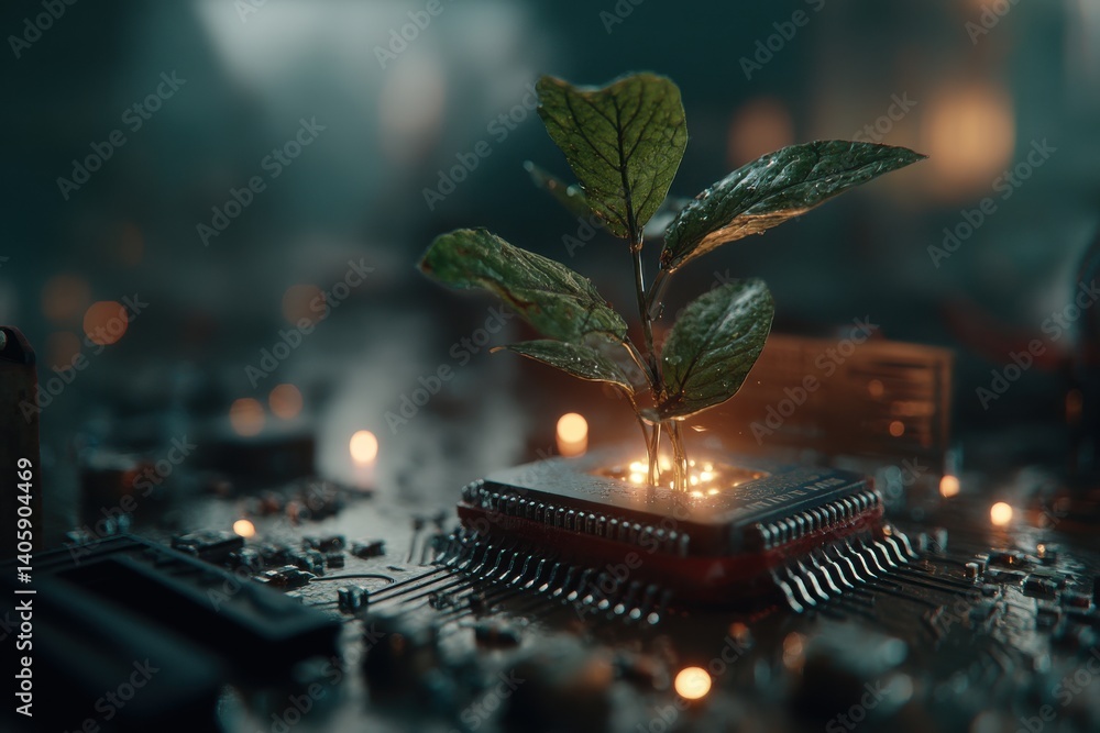 Aufkleber a compelling metaphor of nature and technology, showing a green sprout growing from a computer chip,