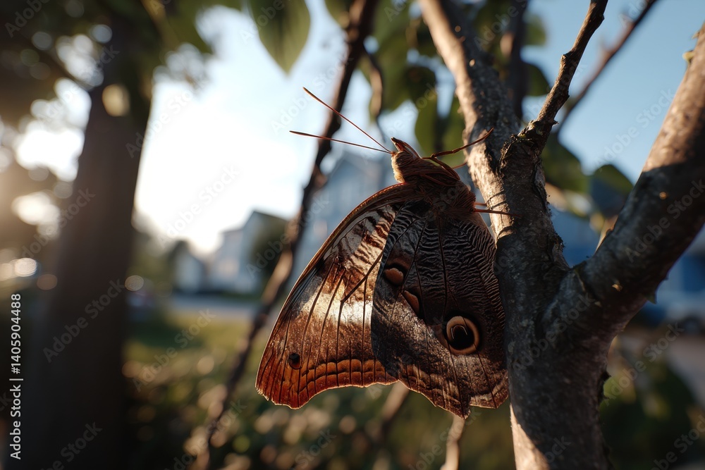 Poster a close-up shot of a brown butterfly perched on a tree branch with a blurred background of trees and
