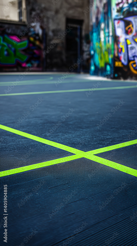 Poster Close-up of dark-blue textured surface with intersecting lime-green lines, creating a geometric pattern against a blurred background of graffiti-covered walls, showcasing a sporty, urban aesthetic