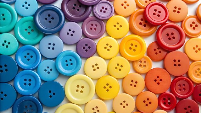 Colorful gradient arrangement of sewing buttons transitioning from cool blues and greens to warm purples, oranges, and reds - Powered by Adobe