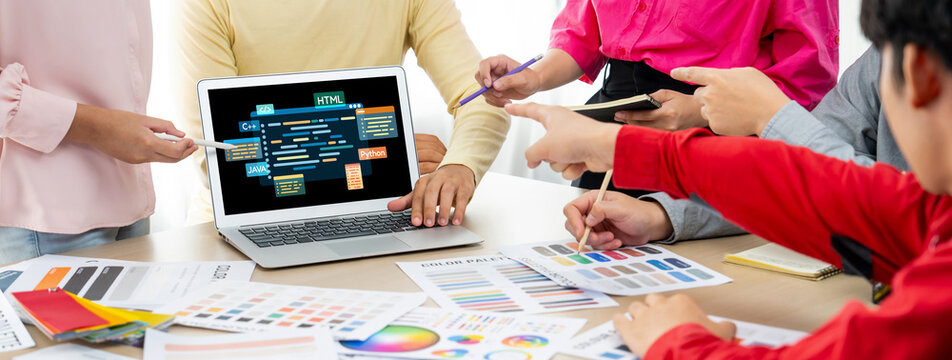 Software development or programming work with coding screen of various programming languages like HTML, Python, Java, and C brisk for new application development