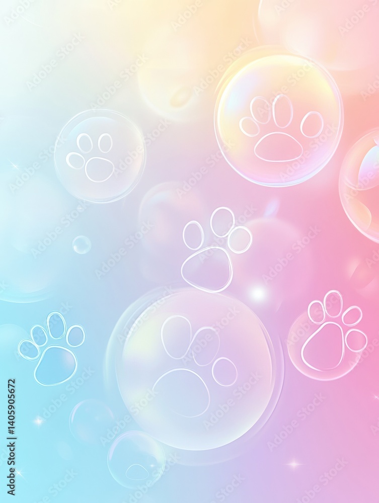 Poster Delicate bubbles with paw prints create a serene pet care theme on a soft gradient background with abstract shapes