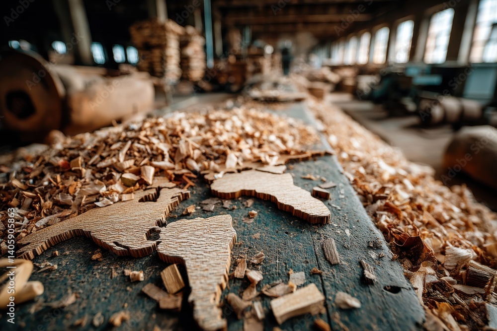 Poster handcrafted wooden map pieces surrounded by wood shavings in a carpentry workshop, creating a rustic