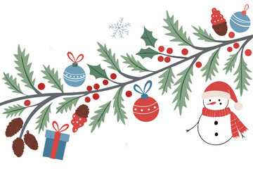 37 Christmas border, festive garland, colorful ornaments, pine cones, holly leaves, red berries, snowmen, Santa hat, blue baubles, gift boxes, candy canes, ribbons and bows, miniature Christmas trees,