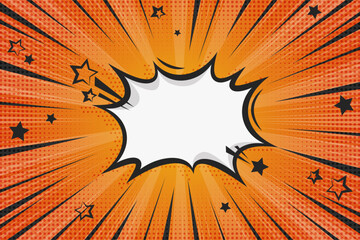 Comic book superhero background with speech bubble and stars. Pop art retro vector frame with boom effect. Orange sunburst striped bright poster with halftone texture. © Chorna_L