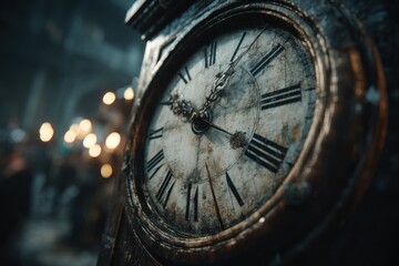 Fototapeta premium A close-up shot of an antique clock with a weathered face, showing the passage of time and telling stories of history, with blurred lights in the background