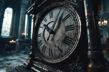 Fototapeta premium Close-up of an antique, gothic-style grandfather clock with Roman numerals, set against a backdrop of a grand hall with large windows and ornate columns, dimly lit.