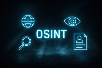A vibrant visual representation of osint (open source intelligence), featuring icons like a globe, an eye, a magnifying glass, and a document, symbolizing digital investigation and data gathering.
