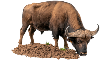 PNG of A strong, brown buffalo grazing on earthy soil, showcasing its powerful presence and distinctive curved horns.