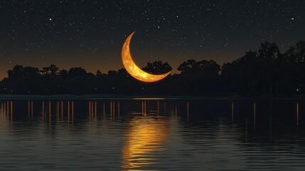 Crescent moon over tranquil lake at night