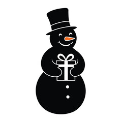Snowman With Top Hat Holding Gift Box Isolated On White Background