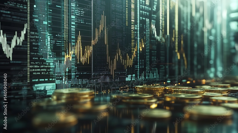 Poster stacks of coins with financial graphs and cityscape, stacks of coins with various currency symbols a