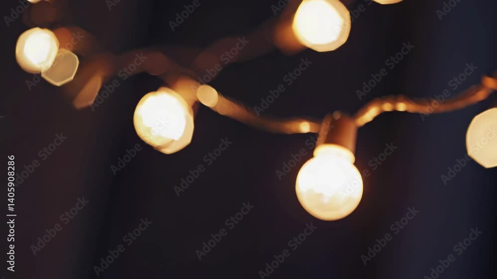 Poster close-up, bokeh-style shot of warm string lights, creating a cozy, intimate atmosphere. ideal for a 