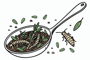 39 Macro photograph, spoonful of insects, edible bugs, crickets, mealworms, grasshoppers, mixed with fresh herbs, high detail, dramatic lighting, silver spoon, white background, food photography, ento