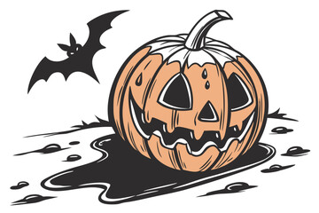 Naklejka premium 40 Halloween pumpkin, melting jack-o'-lantern, realistic, eerie, orange, surreal, drooping face, carved pumpkin, spooky, white background, high contrast, detailed texture, studio lighting, seasonal de