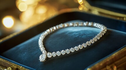 A sparkling diamond necklace in a velvet jewelry box 