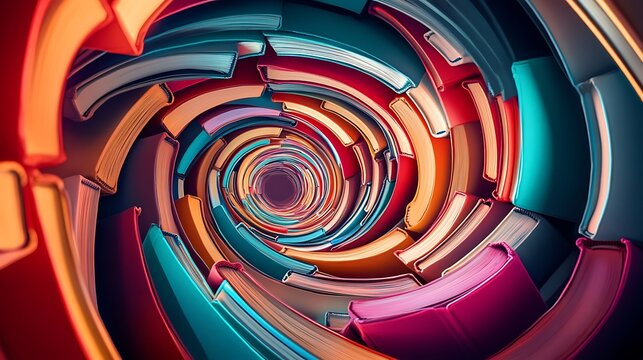 A spiral arrangement of books glowing softly in vibrant hues 