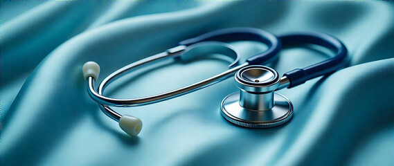 A high-quality, detailed AI photo of a stethoscope resting elegantly on a luxurious satin fabric.  Focus on the intricate details of the stethoscope and the smooth, soft texture of the satin.  Create 