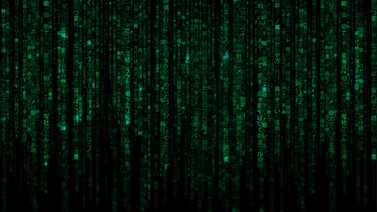  Vector matrix Japanese code rain on a black background. Glowing green vertical symbols. Cyberpunk and hacking culture design. Seamless code stream effect.