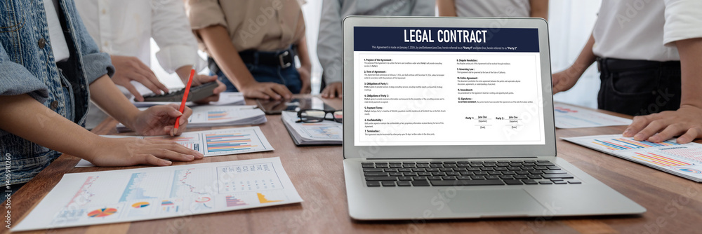 Poster digital legal contract provide terms and conditions document on computer screen ready for online dig