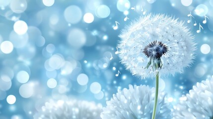 Delicate dandelion, soft light, musical notes