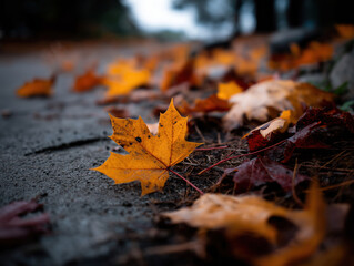 Colorful autumn leaves scattered on a quiet pathway in a serene park setting