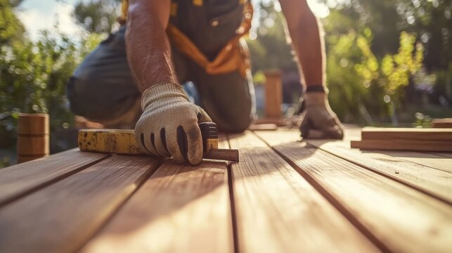 Carpenter building a wooden deck in a backyard. Featuring craftsmanship and outdoor work