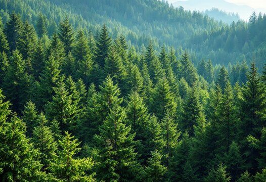 Dense green forest with tall pine trees under natural sunlight