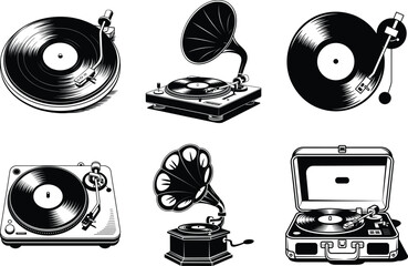 Retro Vintage Record Player Silhouette Set –Vintage Vinyl Music Vibes Perfect for Music Lovers. Classic Turntable, Stylish Vinyl , Vintage Turntable, Nostalgic Record Player Vector Illustration.