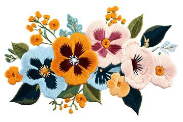 embroidered floral bouquet illustration with colorful flowers isolated png transparent cutout