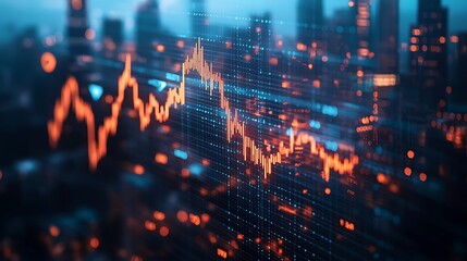 Obraz premium Digital Stock Market Chart with Cityscape Background, A digital stock market chart with red line graph and cityscape background
