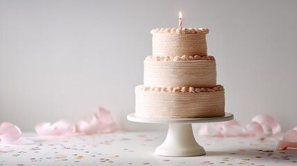Elegant three-tier white cake with lit candle on stand