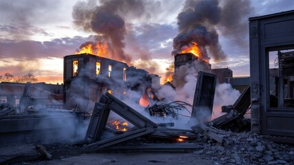 Burning Building at Dusk  Dramatic Fire and Smoke Damage Scene