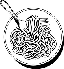 A Simple Line Drawing Of Spaghetti On A Plate With A Fork