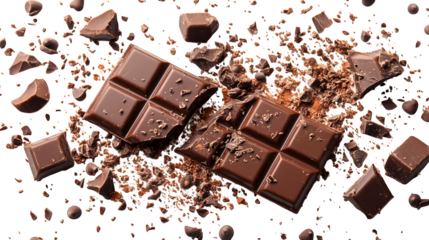 Chocolate bar broken into small pieces, rich texture, realistic, isolated on white background