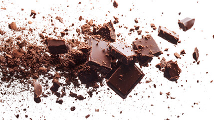 Fototapeta premium Chocolate bar pieces broken apart isolated on white background