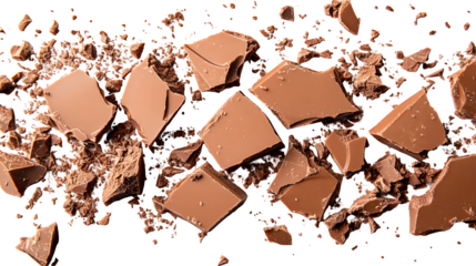 Chocolate bar pieces broken apart isolated on white background