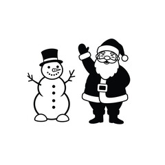 Simple Black And White Cartoon Santa Claus With Snowman Illustration Vector