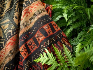 A vibrant, high-resolution photograph capturing the intricate patterns of a traditional Maori weaving, with rich earthy tones and bold geometric designs, set against a backdrop of lush greenery