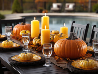 Fall gathering on an outdoor table decorated with pumpkins and candles near a pool