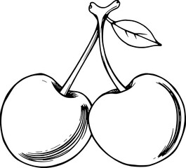 Hand-Drawn Illustration Of Two Cherries With Stem And Leaf