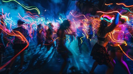 A vibrant photograph of a group of friends dancing at a nighttime festival, their faces and bodies adorned with glowing neon sticks, creating a mesmerizing swirl of colors and light trails
